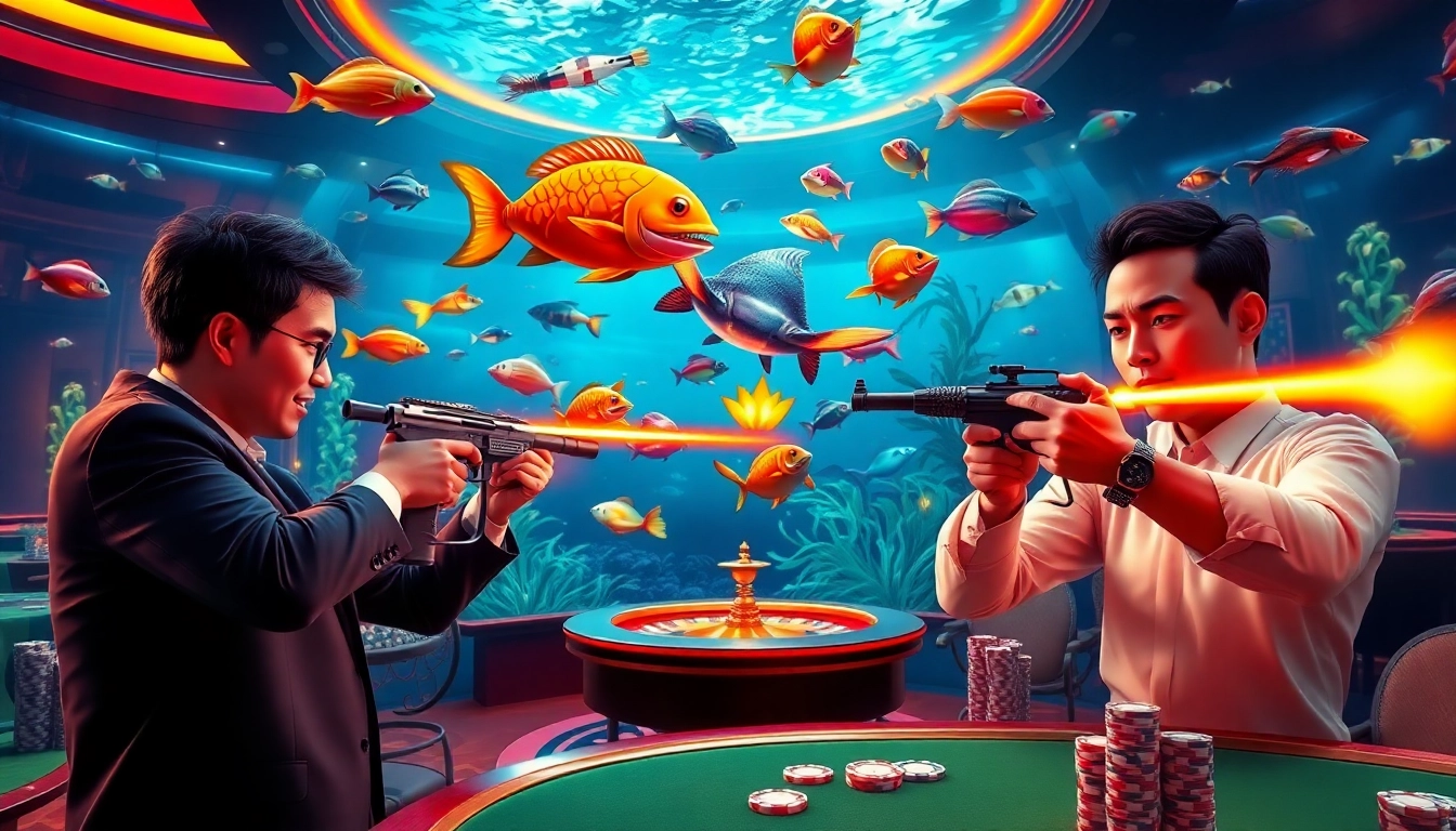 Players enjoying bắn cá đổi thưởng in an exciting underwater casino setting with vibrant graphics.
