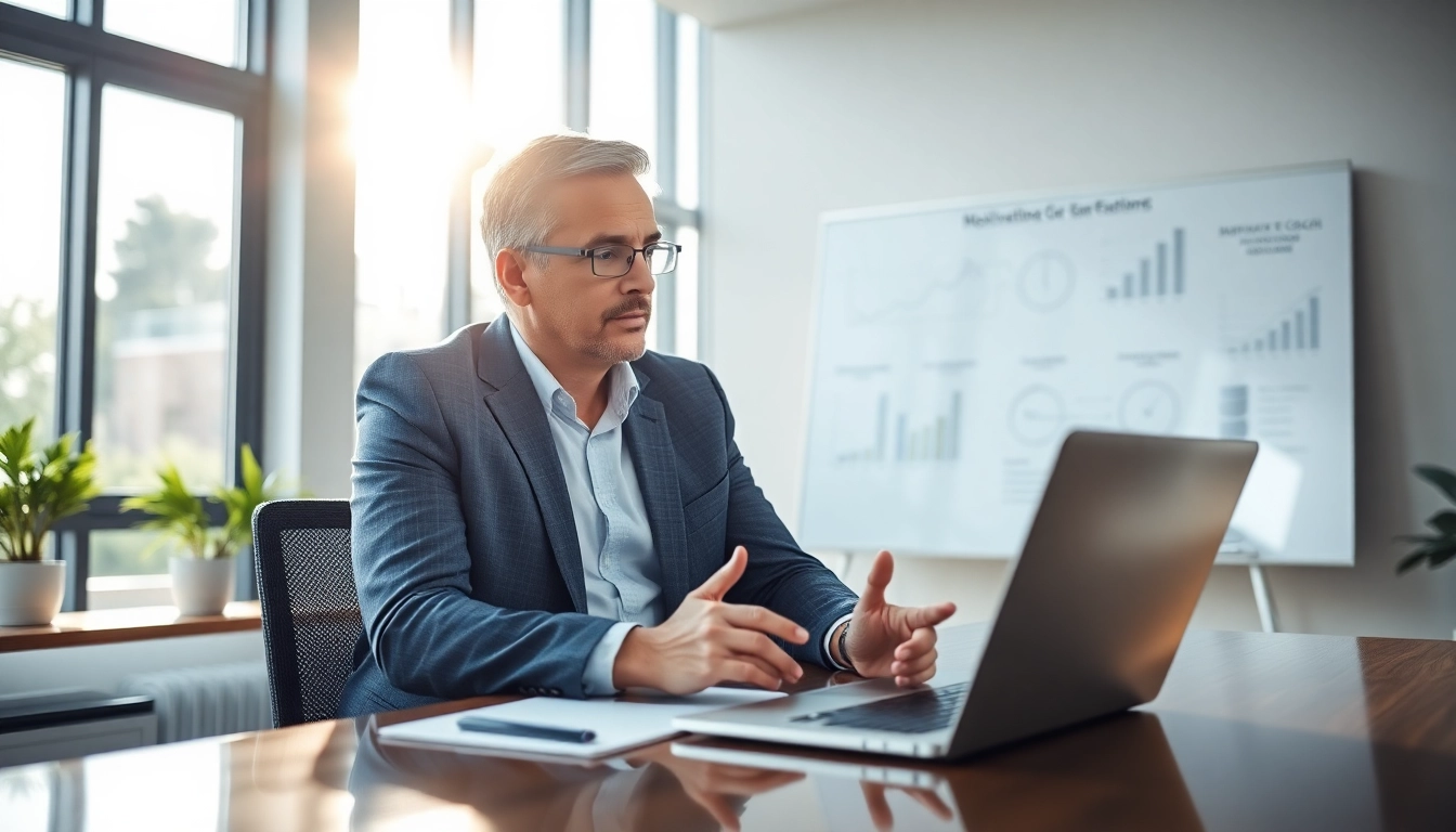 Corporate coach consulting with clients in a modern office setting, fostering professional growth.