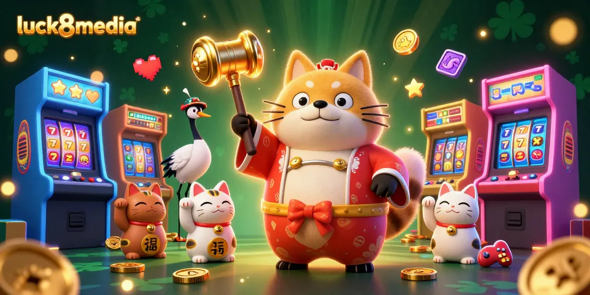 Engage with luck8media's vibrant casino scene featuring a cheerful tanuki and lucky charms as they celebrate gaming success.