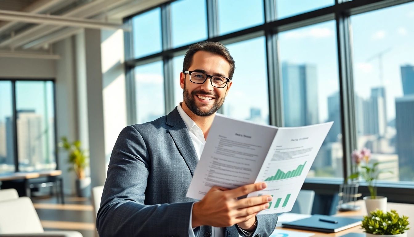Wealth planner confidently presenting financial insights in a modern office.
