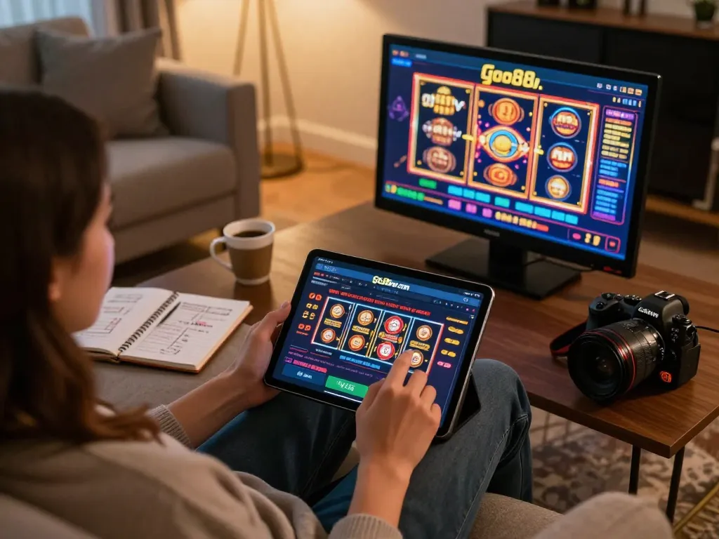 Engaging in online gaming at go88hv.com from a cozy home setting with a tablet and strategy notes.