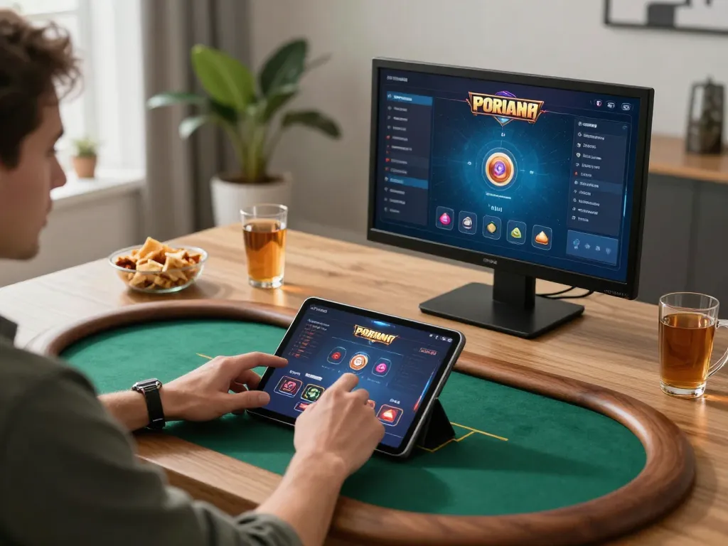 Engaging in online poker gameplay through gg88 link on a tablet in a cozy home office.
