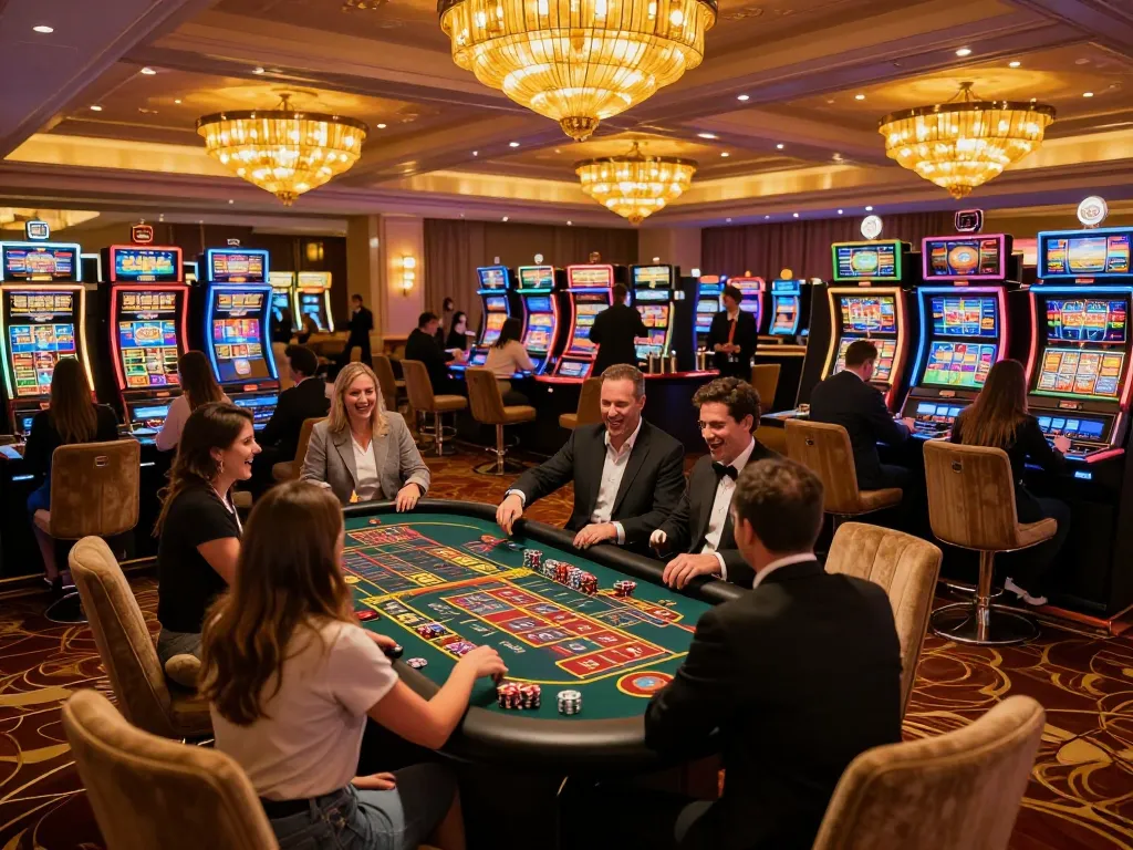 Engaging casino scene with players celebrating wins at Red 88, showcasing vibrant slot machines and roulette table.