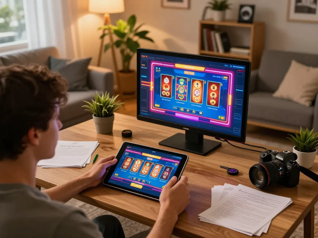 Trải nghiệm chơi game B52 club trên máy tính bảng trong một phòng khách ấm cúng, trình bày poker và máy slot.