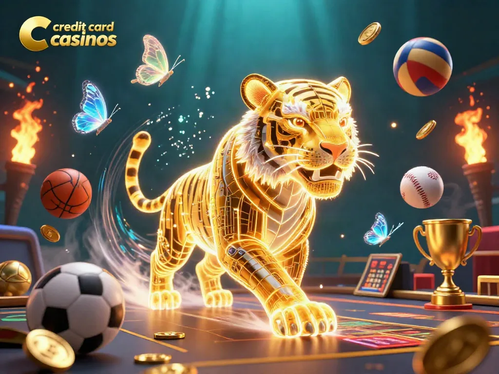 Experience the thrills at credit card casinos with vibrant gaming elements and a neon tiger in action.