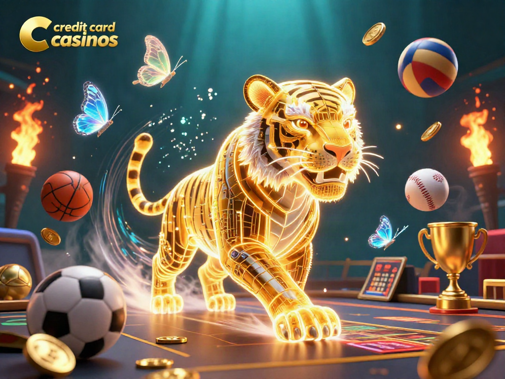 Experience the thrills at credit card casinos with vibrant gaming elements and a neon tiger in action.
