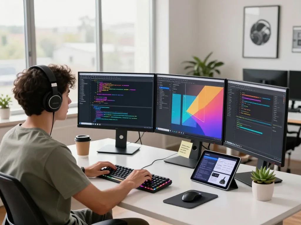 Dynamic tech workspace with developer coding on multiple monitors, showcasing Techsslaash innovations.