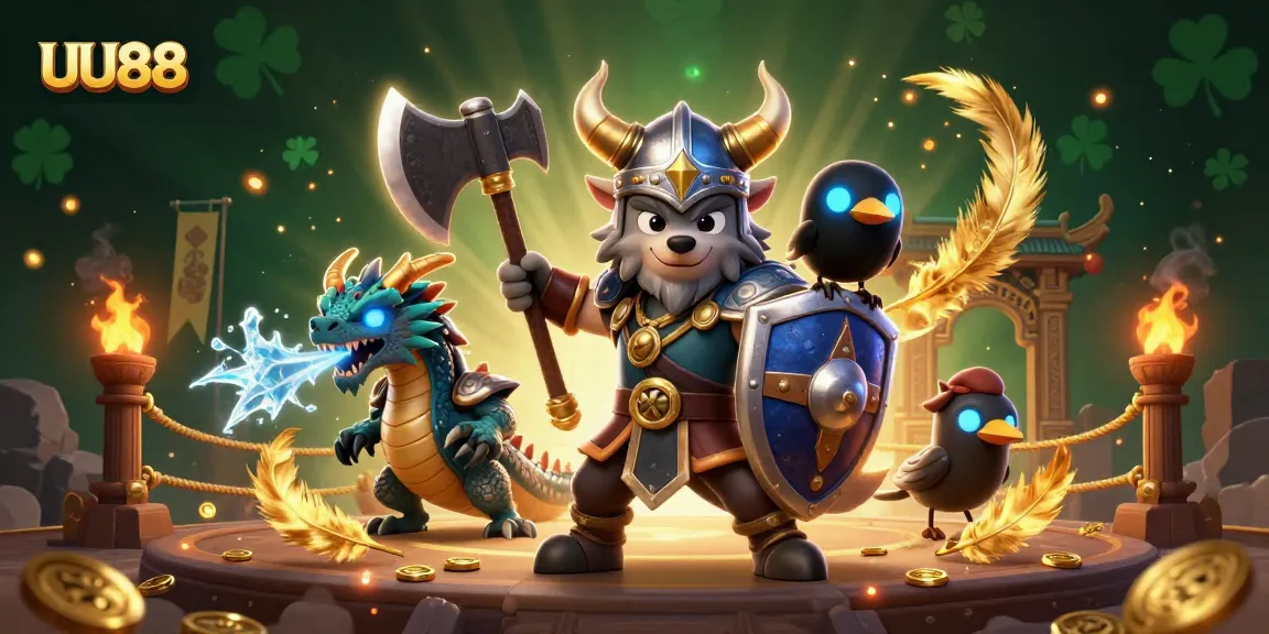 UU88 Viking wolf warrior and fierce dragon in a dynamic online casino scene illuminating gaming excitement.