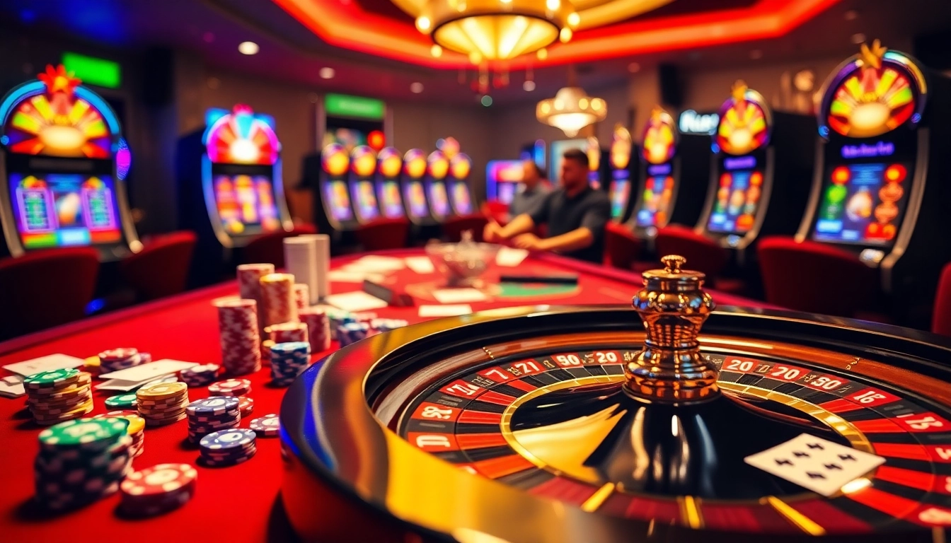 Exciting casino scene featuring nhà cái gg88 with poker chips, cards, and a roulette wheel.