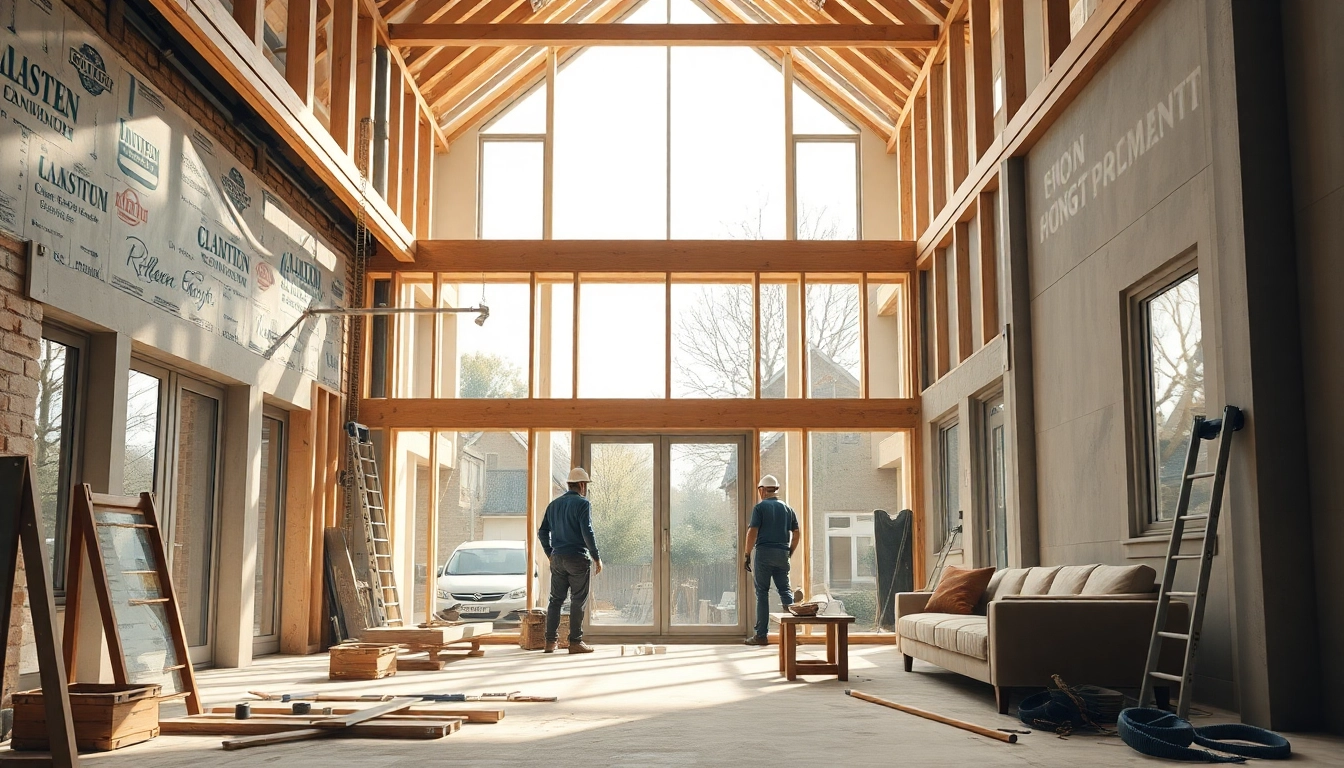 House extension construction showcasing builders working on an open-plan living area with natural lighting.