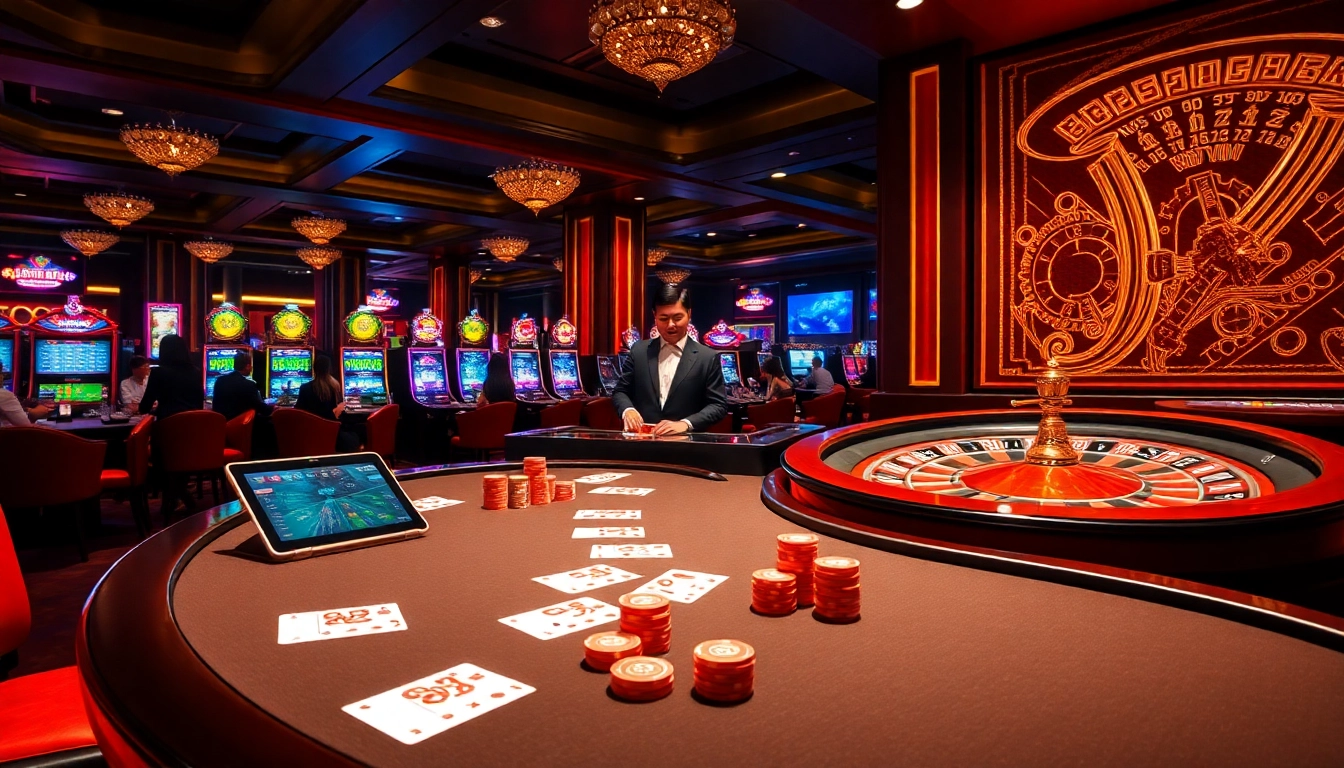 Engage with Nhà Cái 68VIP at a vibrant casino featuring a luxurious poker table and roulette wheel.