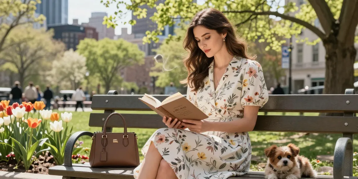Woman in modest dress enjoying a book in a city park, surrounded by spring flowers.