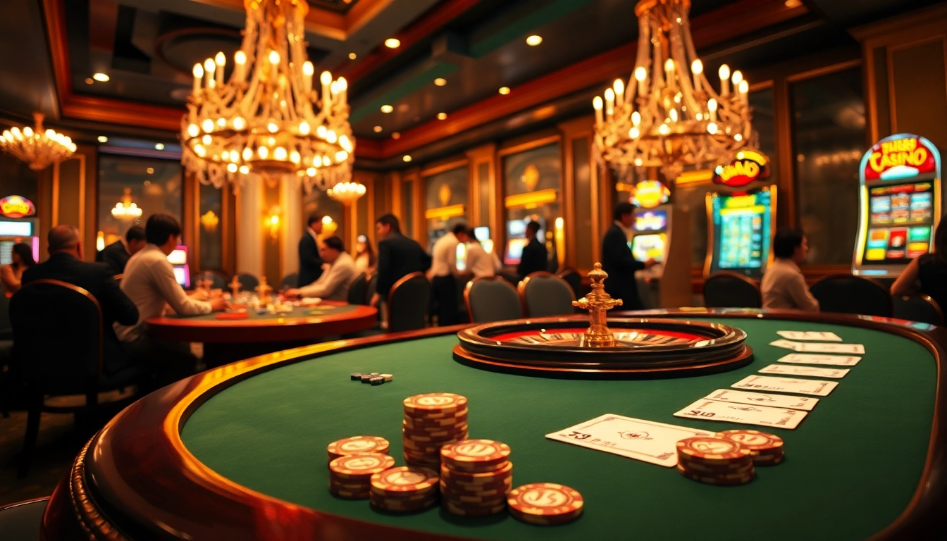Players engaging at the nk88 casino with vibrant games, showcasing excitement in a luxurious setting.
