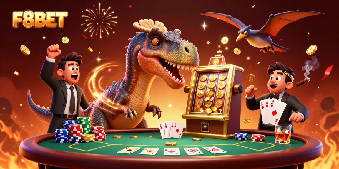 F8BET showcases a thrilling scene with a pachycephalosaurus activating a golden slot machine, while casino chaos erupts.