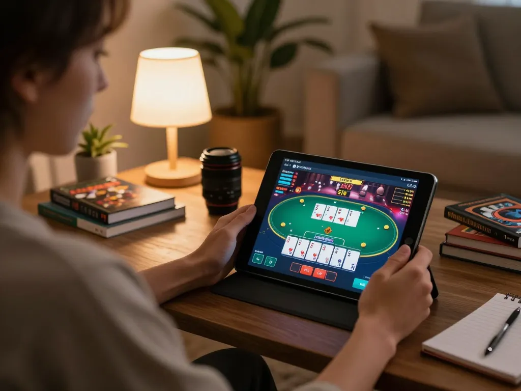 Engaging in online gaming with fly88 free on a tablet at a cozy home setup, showcasing a poker interface.