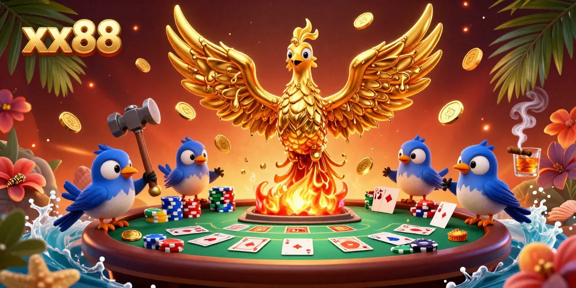 Experience the thrill of xx88 with a vibrant 3D casino scene featuring a golden phoenix and poker action.