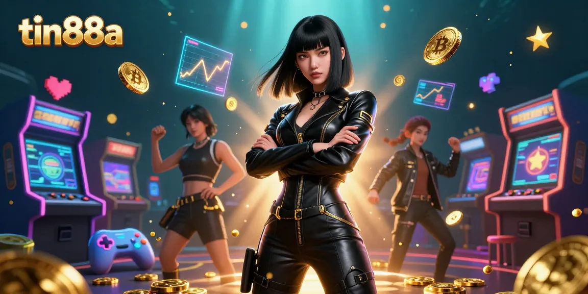 Experience thrilling gaming at tin88a, featuring a powerful Asian woman surrounded by Bitcoin coins and glowing game elements.