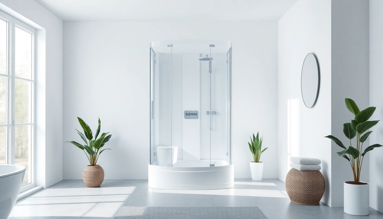 Entdecken Sie die elegante sonni Duschkabine in einem modernen Badezimmer, das mit naturalistischen Elementen akzentuiert ist.