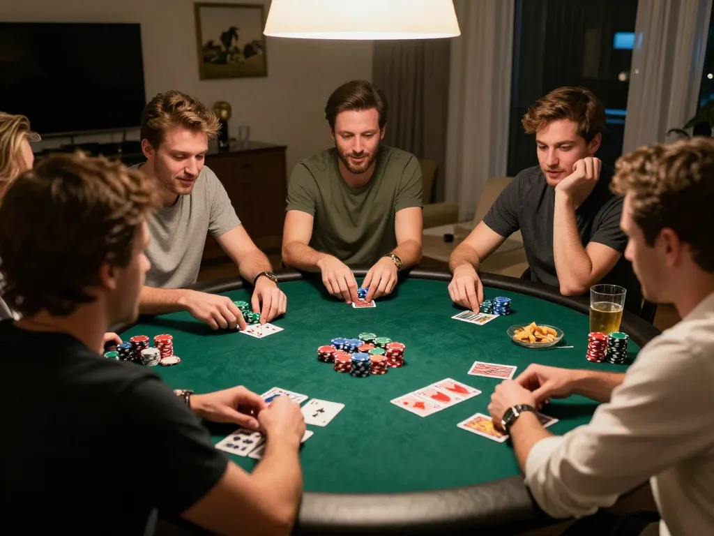 Friends enjoying a lively poker night at home with TG88 gameplay strategies in action