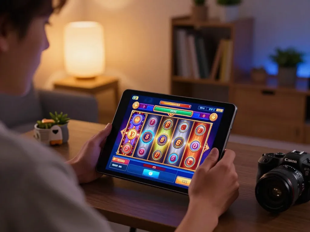 Player enjoying online slots on vn88a tablet, engaging and vibrant gaming atmosphere