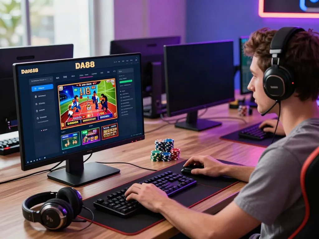 DA88 online gaming setup with vibrant screens and sports betting options.