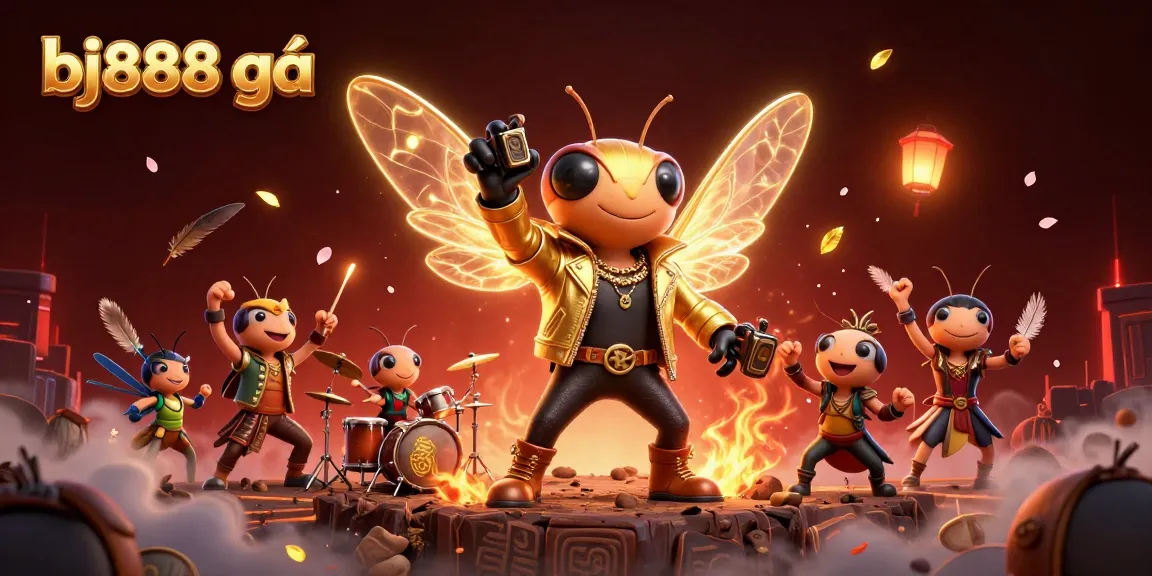 Engage in thrilling action at bj888 đá gà, featuring a dynamic 3D scene of a rock star cicada in a cockfighting arena.