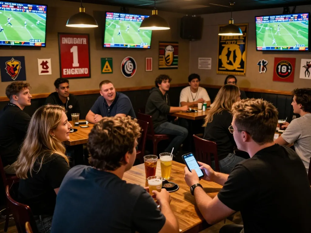 f168 patrons engaging in sports betting while discussing games in a vibrant sports bar.