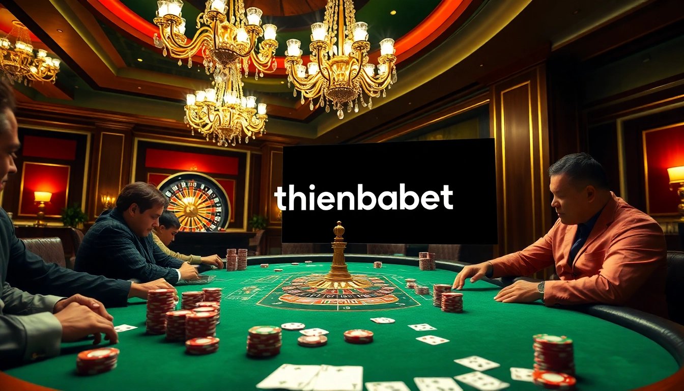 Poker players enjoying an exciting game at thienhabet casino table with vibrant lights and chips.