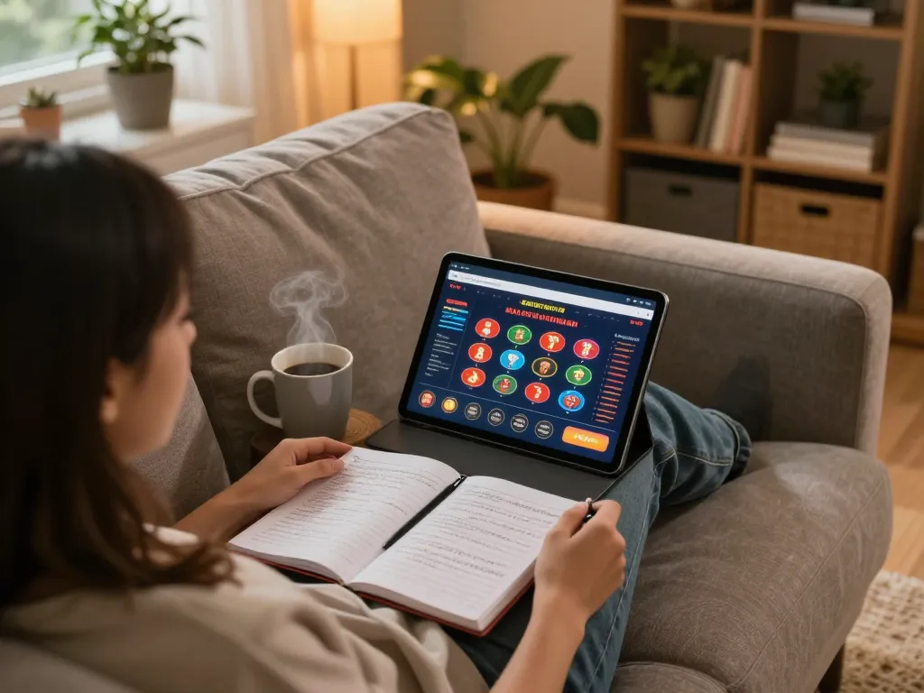 Person exploring trang chủ qq88 on tablet at home, with strategic notes and cozy ambiance.