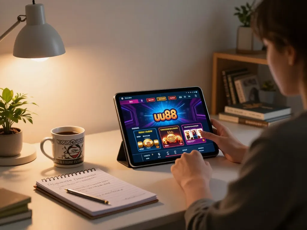 Engaging with online games at uu88 casino, a player develops effective strategies in a cozy home setting.