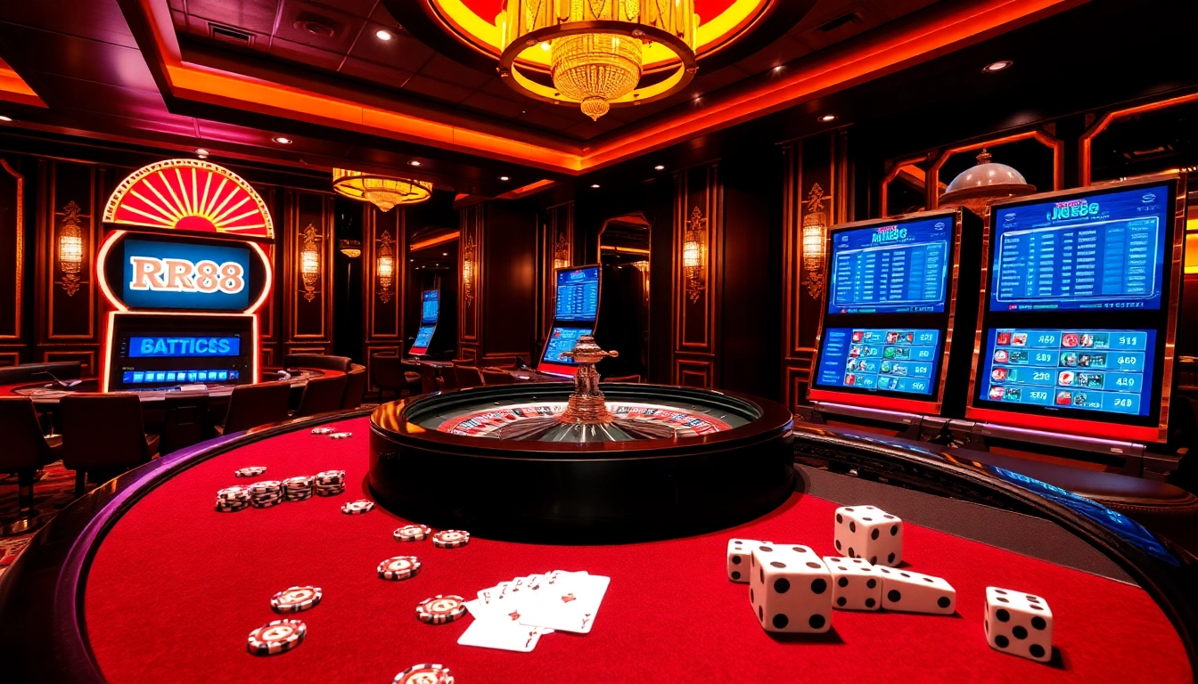 Experience the excitement of RR88 casino with vibrant roulette and slot machines.
