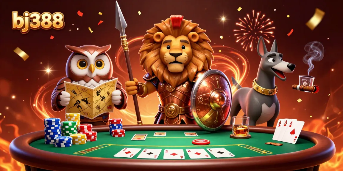 Experience thrilling action at bj388 with a Spartan lion, owl strategist, and greyhound amidst a vibrant casino scene.