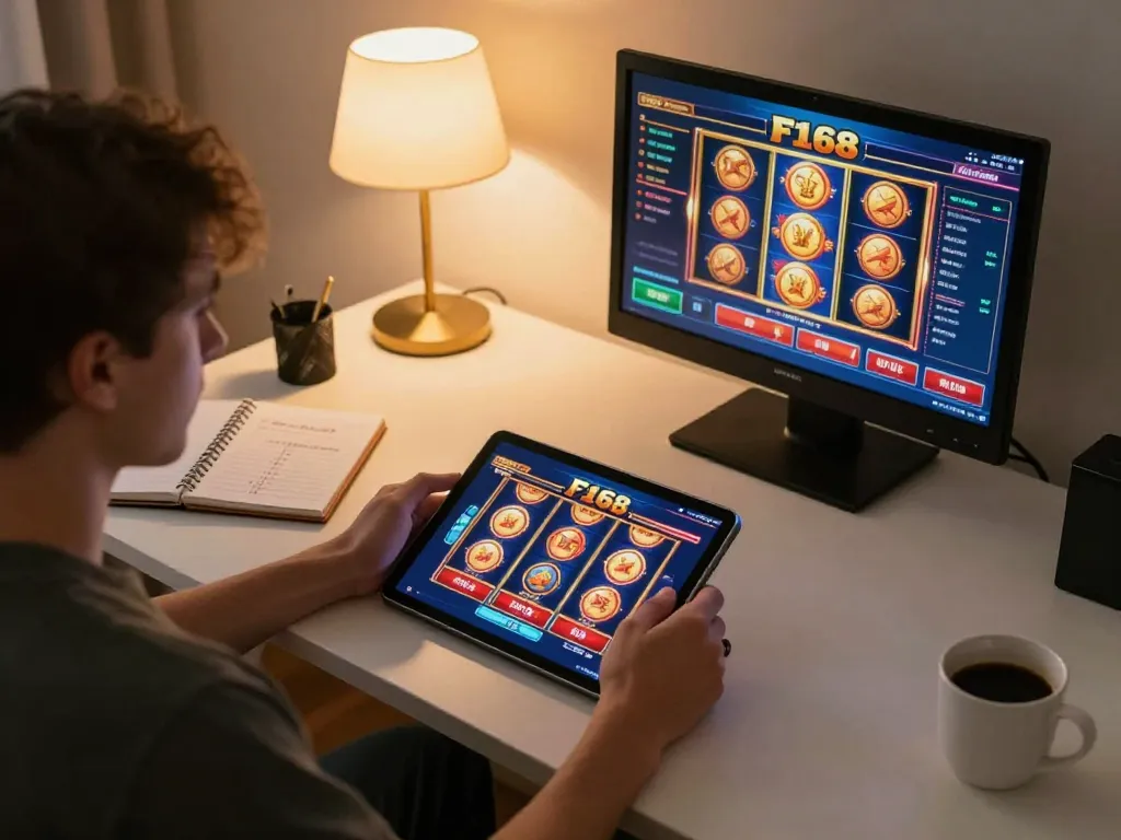 Engaging with F168 online slots on a tablet in a cozy home setting, showcasing a strategic approach to casino gaming.