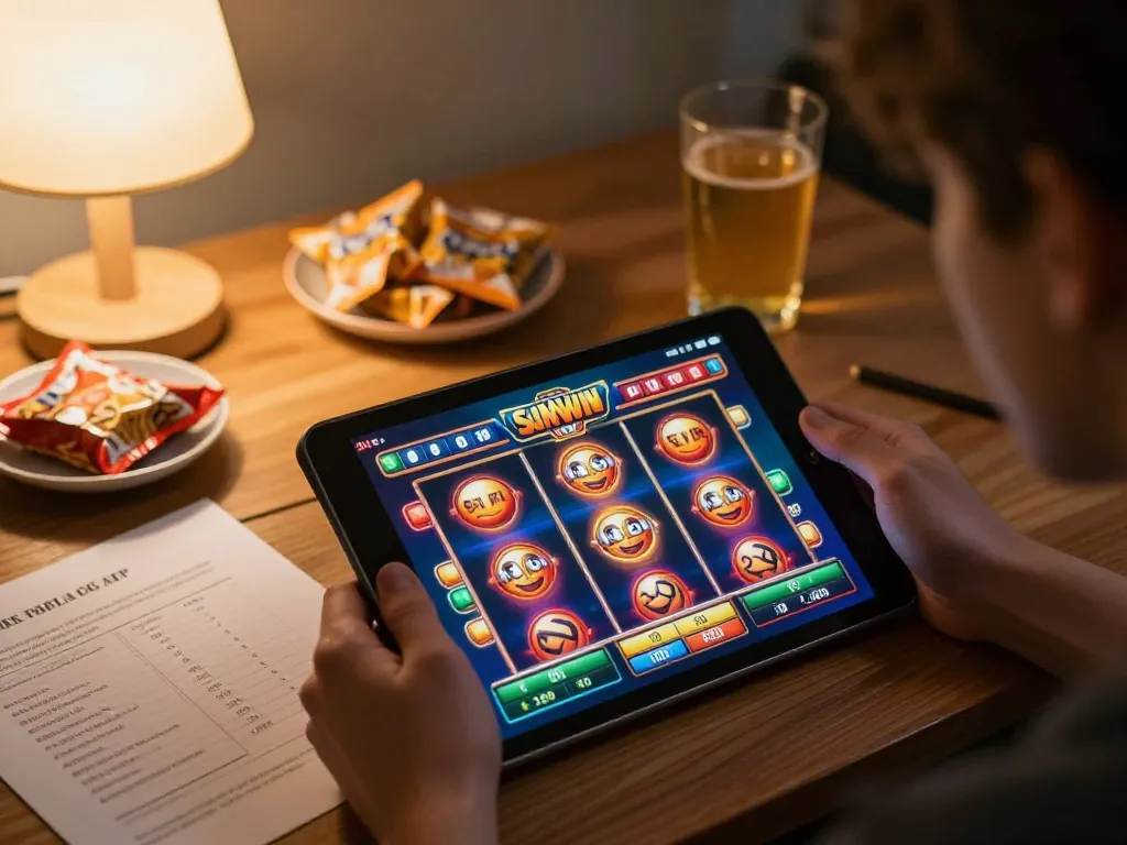 Experience thrilling gameplay at Sun Win with a cozy online setup featuring slot games on tablet and strategic elements.