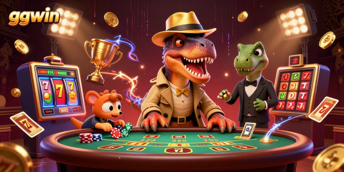 ggwin casino scene with a velociraptor card counter sneaking at a blackjack table amidst a vibrant slot jackpot.