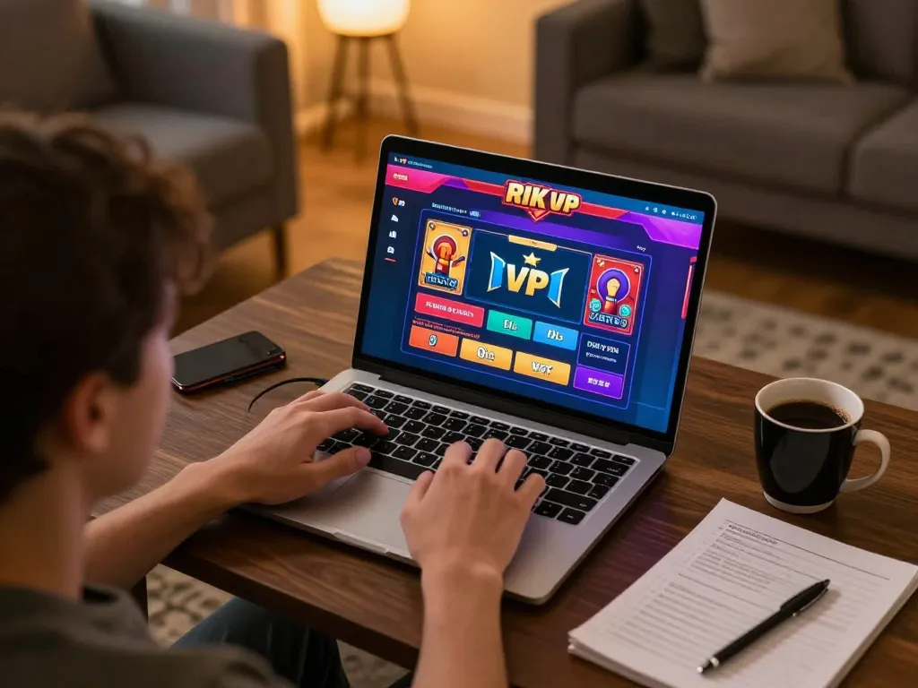 Người chơi đang tận hưởng phiên chơi game online Rik vip, thể hiện giao diện casino sống động và không gian tại nhà.
