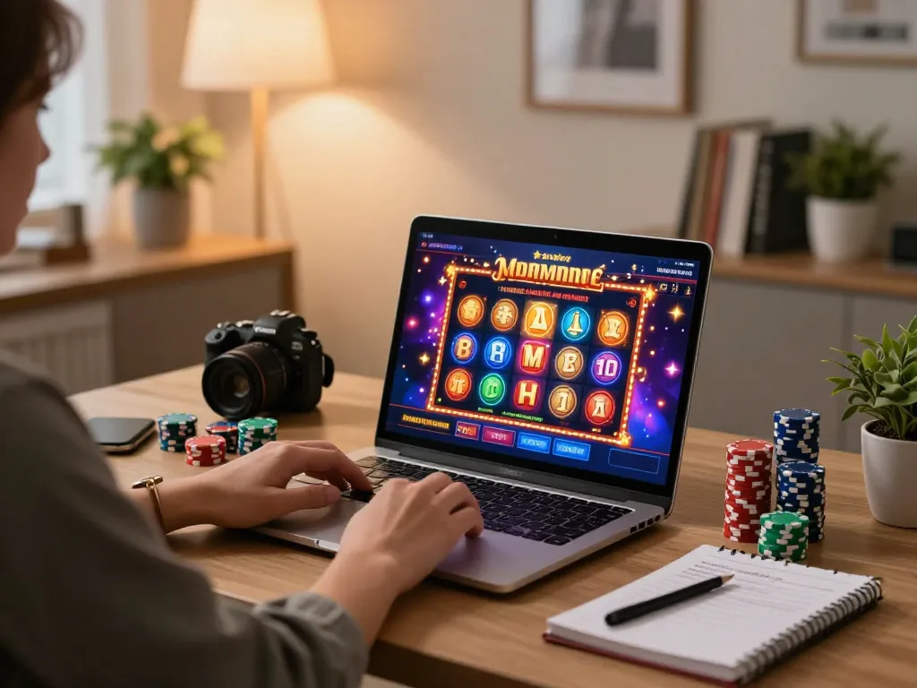 Player enjoying slots on laptop, highlighting innovative f8beta2 experience in cozy home gaming setup.