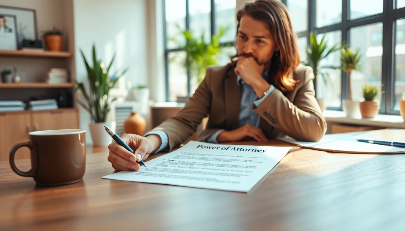 Individual thoughtfully reviewing a Power of Attorney document in a professional setting.