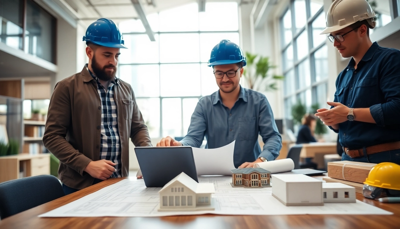 Team of professionals discussing projects in a construction membership association environment.