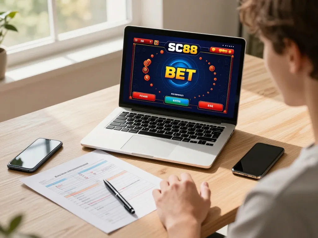 Person enjoying SC88 BET on laptop, strategizing with notes for online casino success.