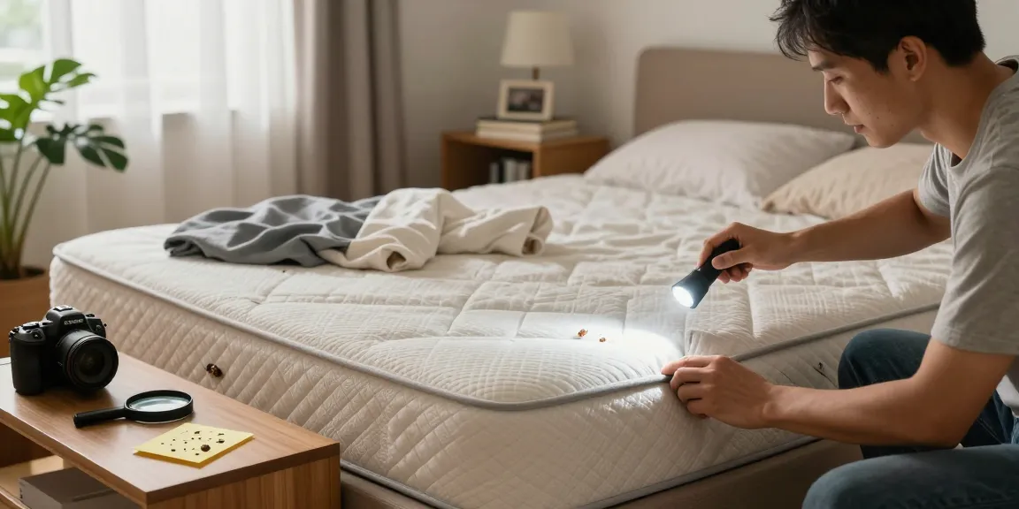 Homeowner inspecting for bed bugs during bed bug heat treatment in a bright bedroom.