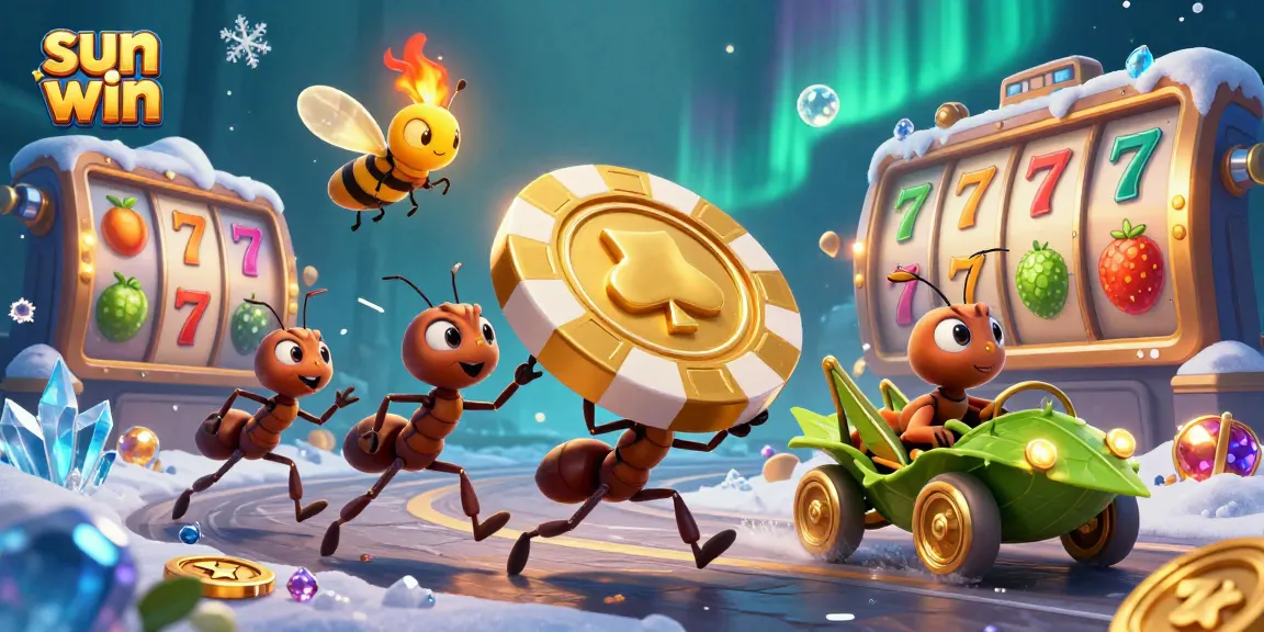 Engage in the thrill of gambling with sun win as ants execute a heist with a giant poker chip.