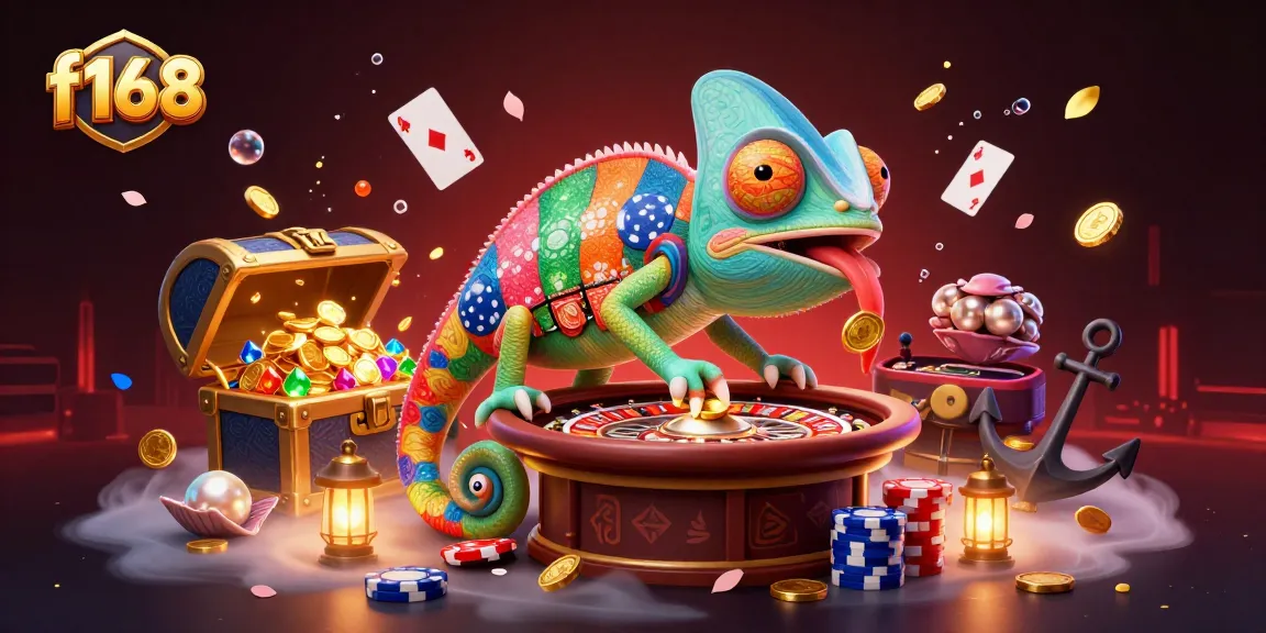 Experience the exciting f168 online casino with a vibrant 3D chameleon owner amidst dynamic gaming elements