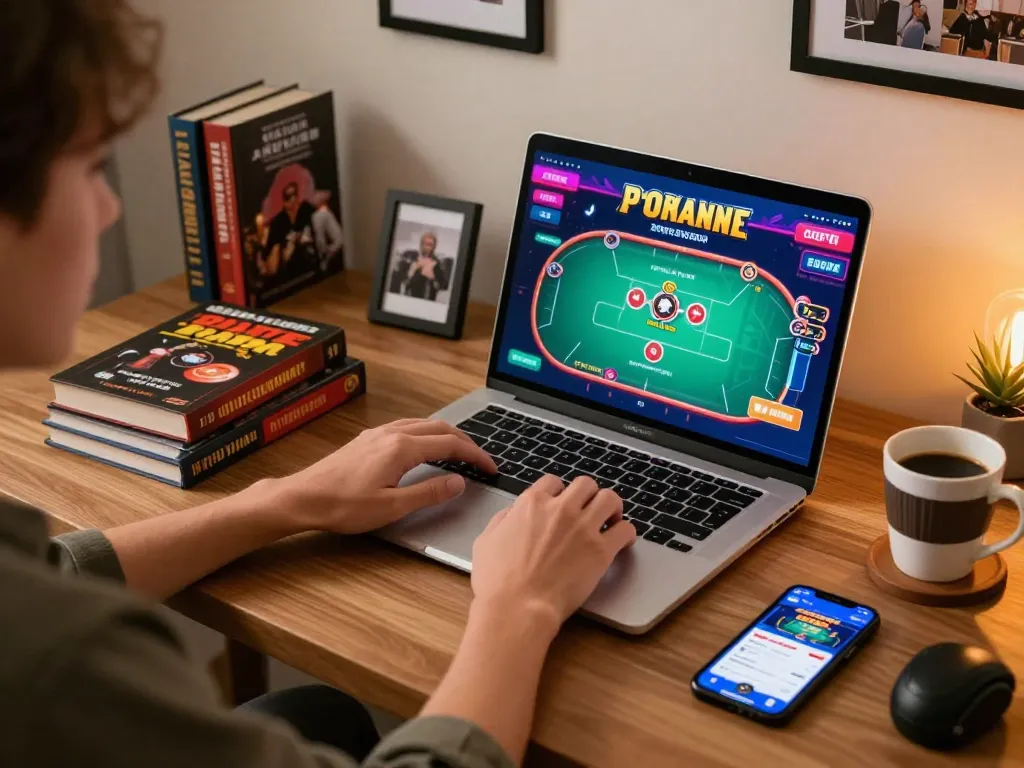 Player engaging in online poker at a modern workstation, showcasing sunwin strategy and gaming focus.