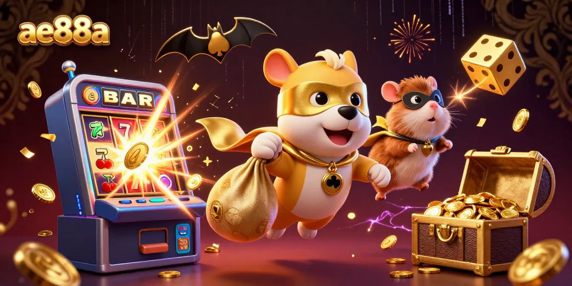 Experience high-stakes excitement with ae888a as the superhero dog flies through a dynamic casino scene.