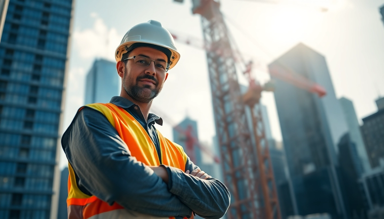 New York City General Contractor reviewing plans at a bustling construction site.