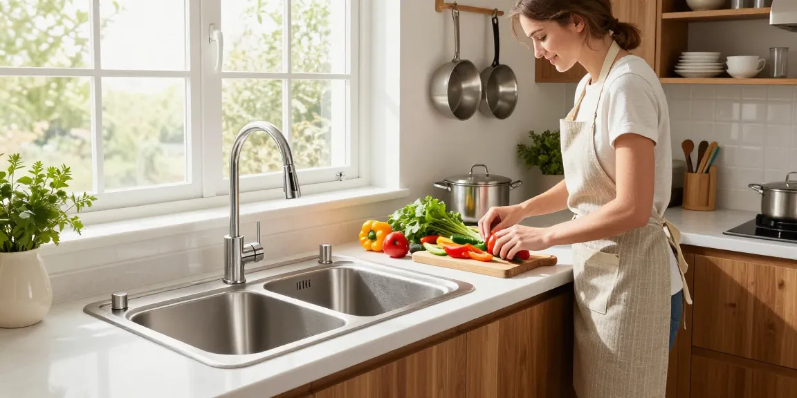 Modern kitchen sink in stainless steel with fresh vegetables on cutting board, bright morning light.