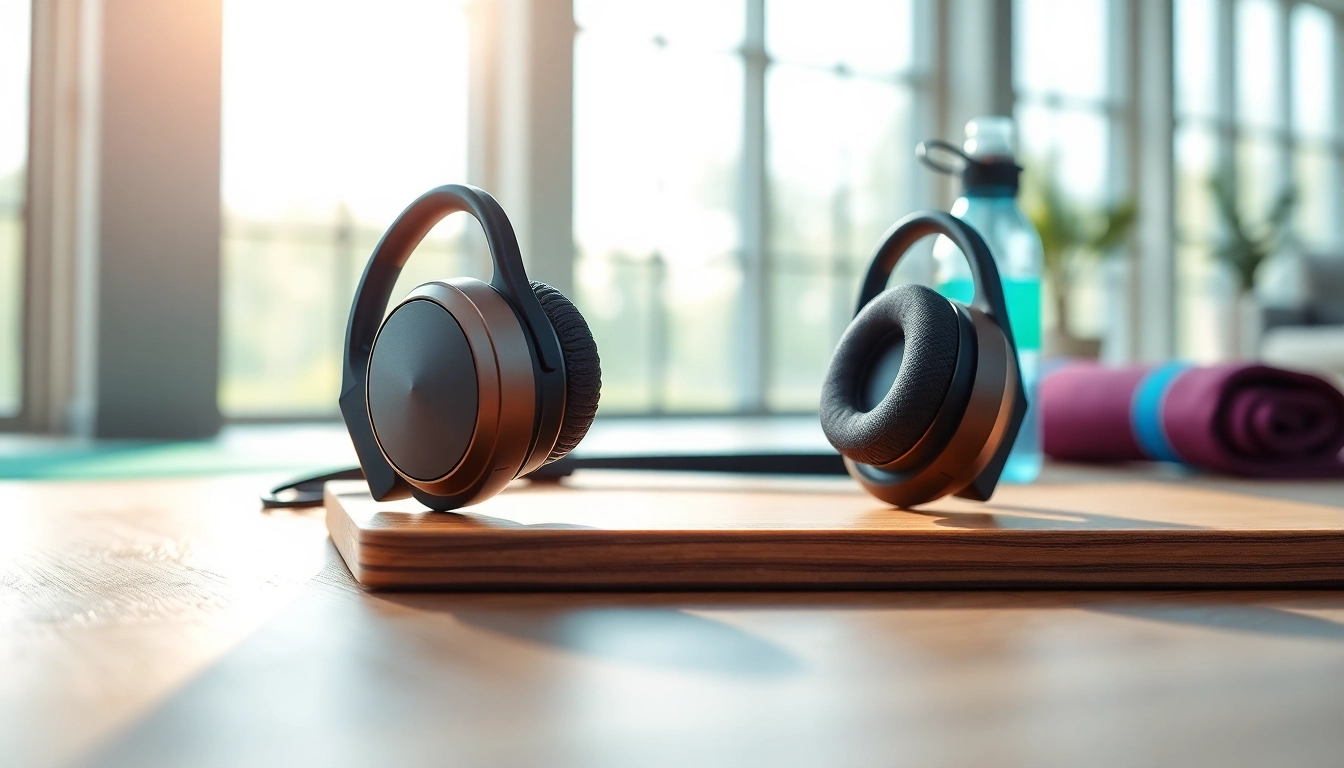 Showcase F1 Bone Conduction Headphones in an active lifestyle setting with a workout backdrop.