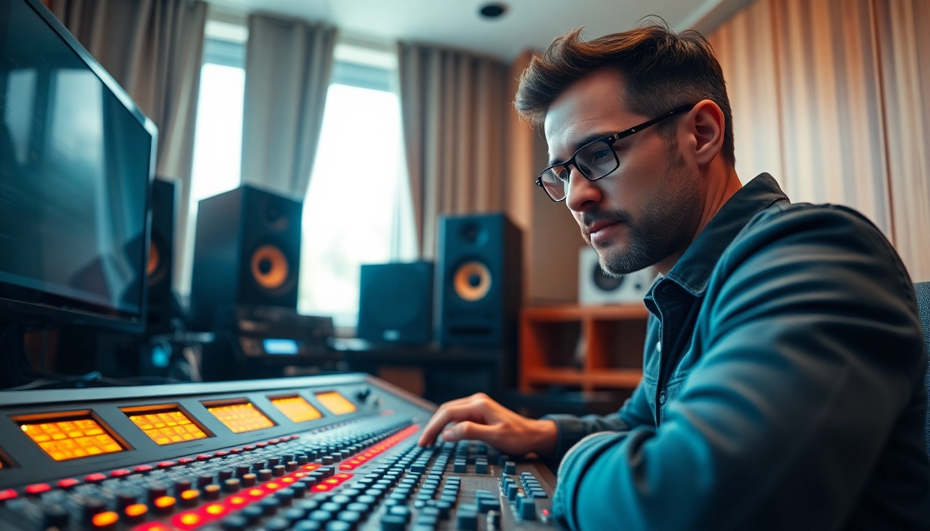 Online mastering setup showcasing a professional producer working in a modern studio.