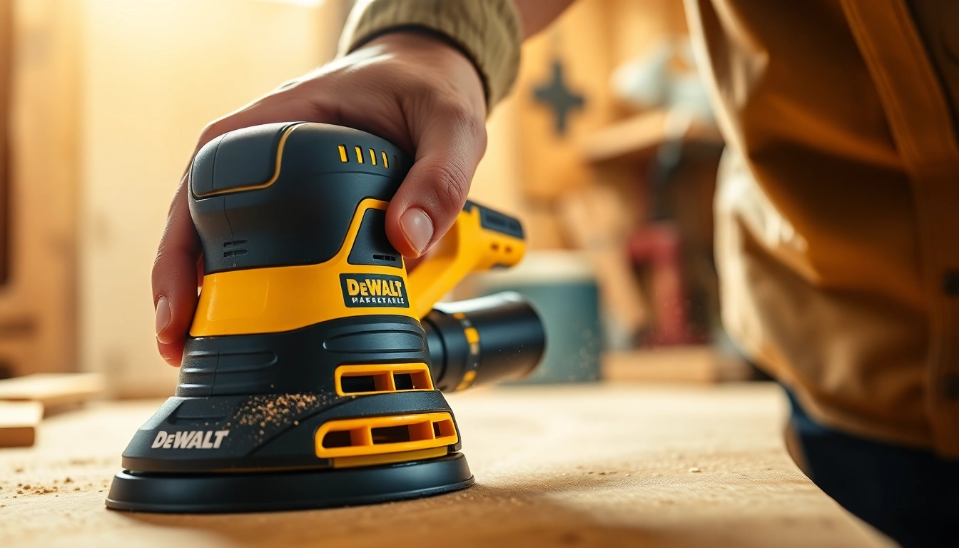 DeWalt DWE6423 sander expertly smoothing wood surface in workshop.